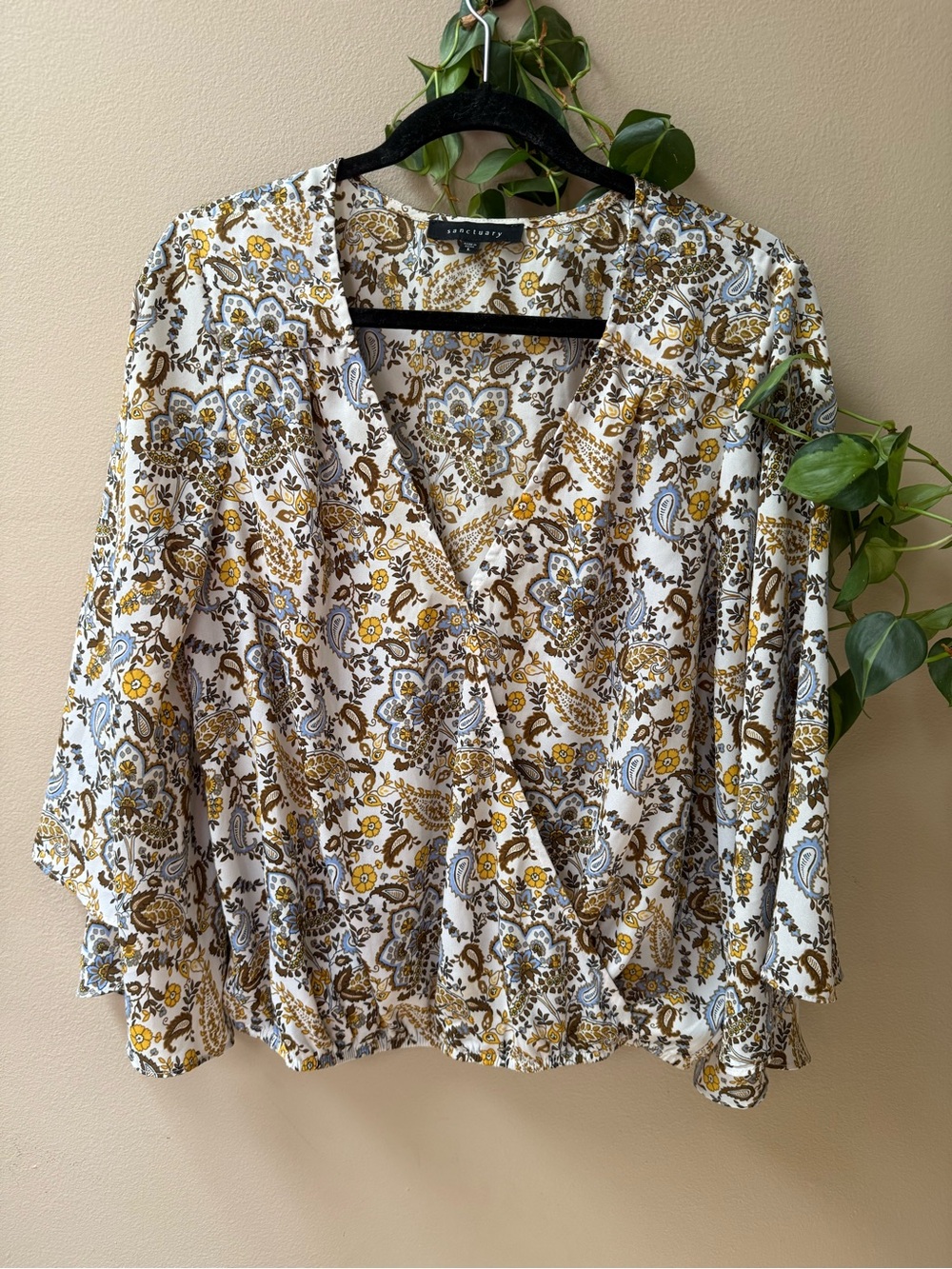 Sanctuary White Floral Paisley Wrap Blouse with Mustard Accents